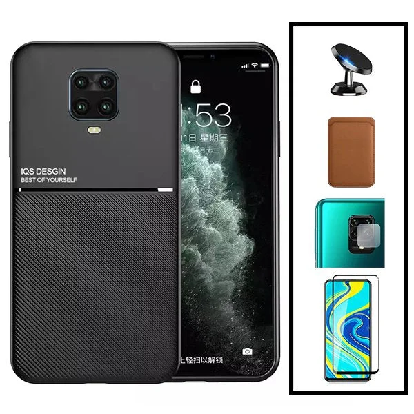 Kit Capa Magnetic Lux + Magnetic Wallet Castanho + 5D Full Cover + Película de Câmara Traseira + Suporte Magnético de Carro para Xiaomi Redmi Note 10 Lite