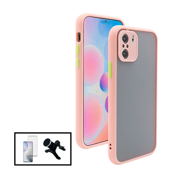 Kit Capa Anti Choque Camera Protection + Película 5D Full Cover + Suporte Magnético Reforçado de Carro para Xiaomi Poco F3 - Rosa