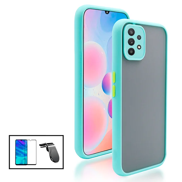 Kit Capa Anti Choque Camera Protection + Película 5D Full Cover + Suporte Magnético L Safe Driving Carro para Samsung Galaxy A32 5G - Azul Claro