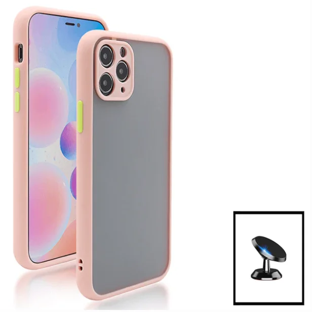 Kit Capa Anti Choque Camera Protection + Película 5D Full Cover + Suporte Magnético de Carro para Apple iPhone 13 Pro - Rosa