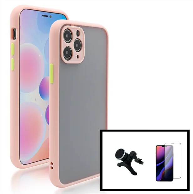 Kit Capa Anti Choque Camera Protection + Película 5D Full Cover + Suporte Magnético Reforçado de Carro para Apple iPhone 13 Pro - Rosa