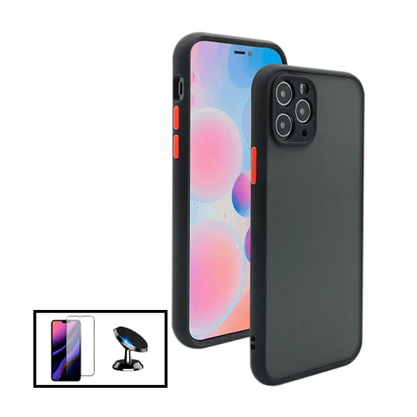 Kit Capa Anti Choque Camera Protection + Película 5D Full Cover + Suporte Magnético de Carro para Apple iPhone 13 Pro - Preto