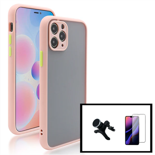 Kit Capa Anti Choque Camera Protection + Película 5D Full Cover + Suporte Magnético Reforçado de Carro para Apple iPhone 13 - Rosa