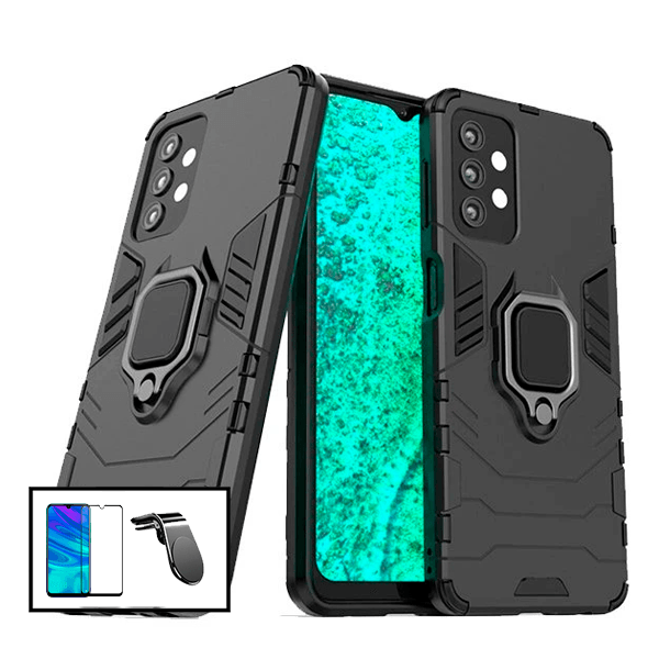 Kit Película de Vidro Temperado 5D Full Cover + Capa 3X1 Military Defender + Suporte Magnético L Safe Driving Carro para Samsung Galaxy A52