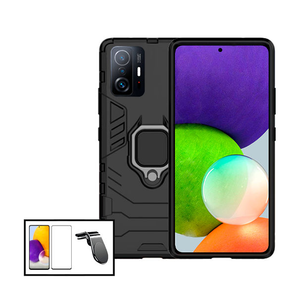 Kit Vidro Premium Full Cover + Capa 3X1 Military Defender + Suporte Magnético L Safe Driving Carro para Xiaomi 11T