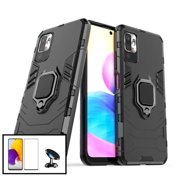 Kit Vidro Premium Full Cover + Capa 3X1 Military Defender + Suporte Magnético de Carro para Xiaomi Redmi 10