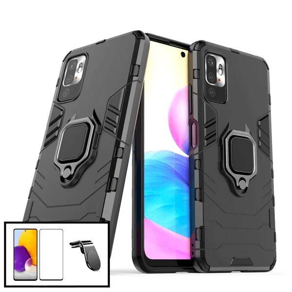 Kit Vidro Premium Full Cover + Capa 3X1 Military Defender + Suporte Magnético L Safe Driving Carro para Xiaomi Redmi 10