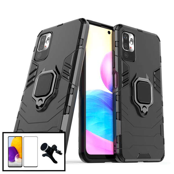 Kit Vidro Premium Full Cover + Capa 3X1 Military Defender + Suporte Magnético de Carro Reforçado para Xiaomi Redmi 10