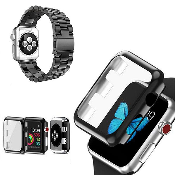 Kit Bracelete Aço Stainless Lux + Ferramenta + Capa Anti-Impacto para Apple Watch Series 7 - 45mm - Preto