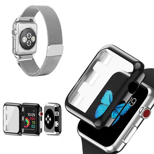 Kit Bracelete Milanese Loop Fecho Magnético + Capa Anti-Impacto para Apple Watch Series 7 - 45mm - Cinza