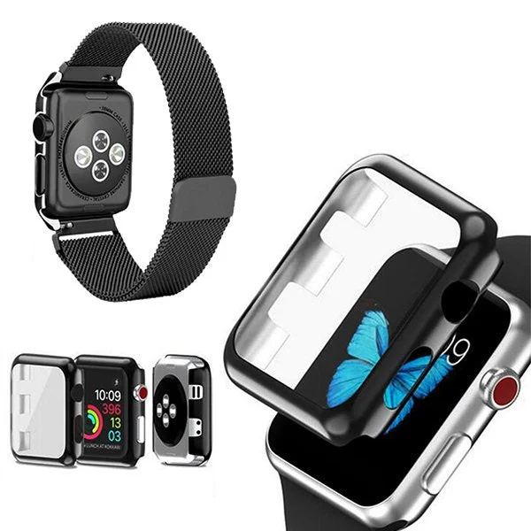 Kit Bracelete Milanese Loop Fecho Magnético + Capa Anti-Impacto para Apple Watch Series 7 - 45mm - Preto