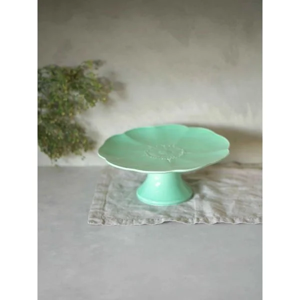 Ceramor Cerâmica Prato de Bolo com Pé Flor Verde Água