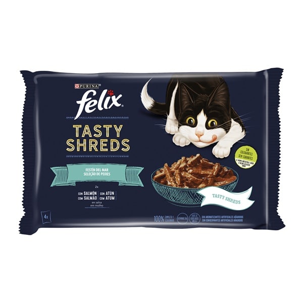 Felix Tasty Shreds Seleção de Peixes Atum e Salmão 4X80gr Ração Húmida para Gato - Campet