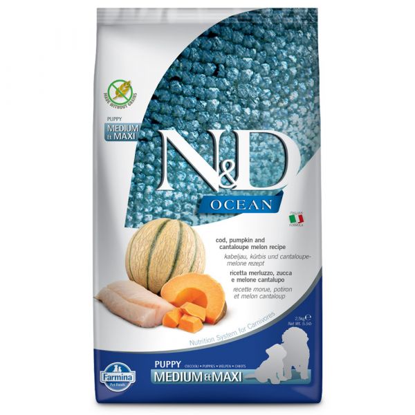 Farmina N&D Ocean Puppy Medium/maxi Bacalhau, Abóbora & Meloa 2,5Kg