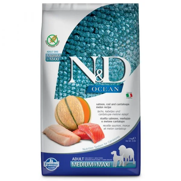 Farmina N&D Ocean Medium/maxi Salmão, Bacalhau & Meloa 2,5Kg