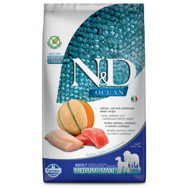 Farmina N&D Ocean Medium/maxi Salmão, Bacalhau & Meloa 12Kg