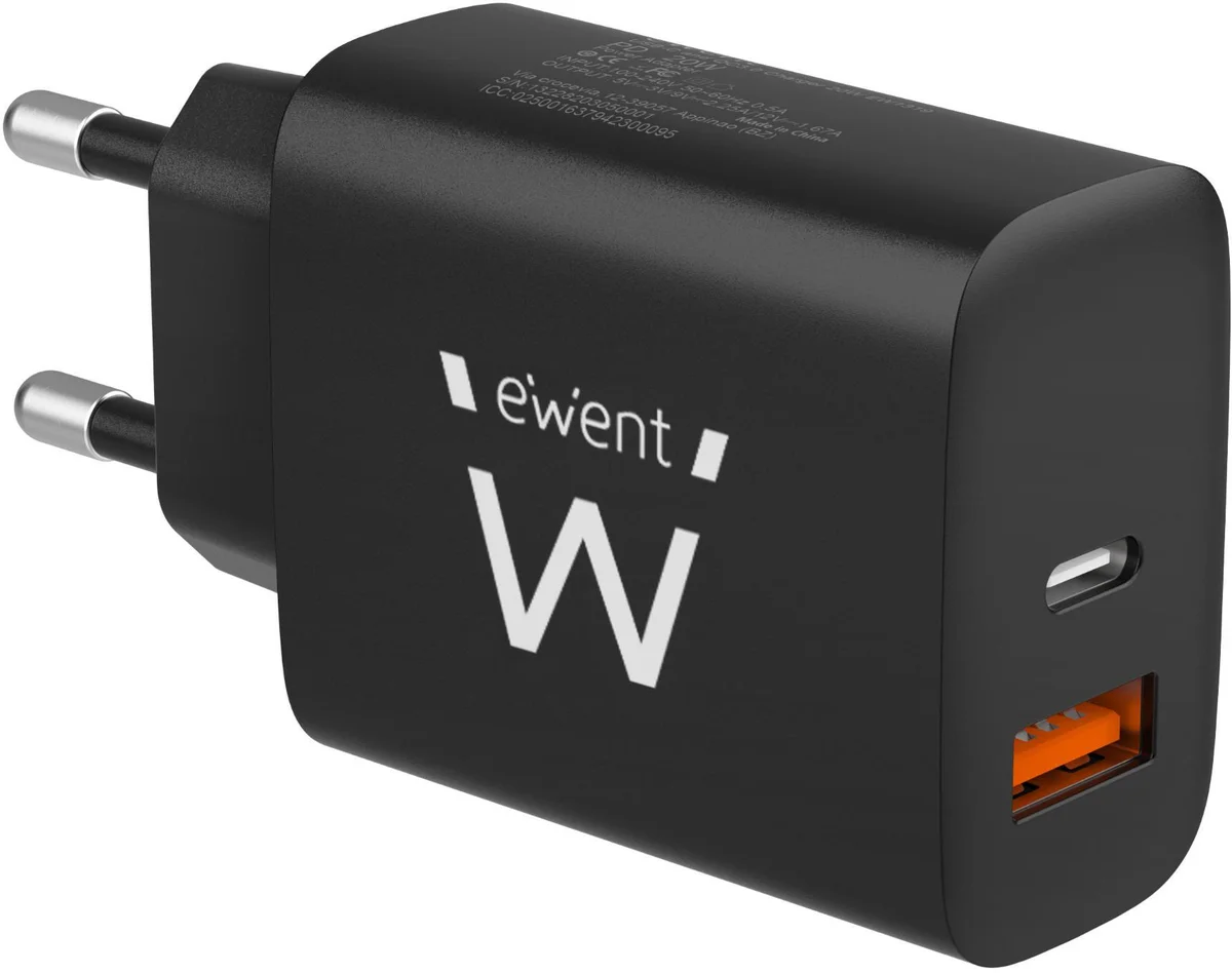 Ewent Carregador USB-A + USB-C 20W Black