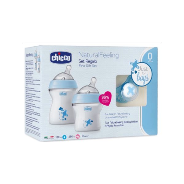 Coffret Chicco NaturalFeeling Just for Boys Biberão 250ml + 150ml + Chupeta