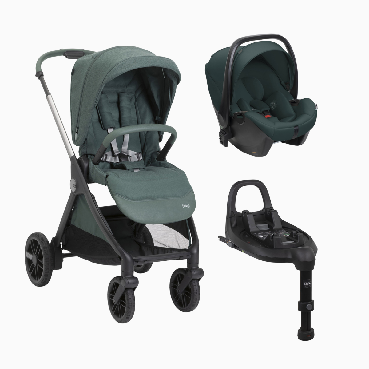 Trio Chicco Bellagio 2.0 + First Seat Recline + Alcofa flexi + Base Full 360 Fir Tree