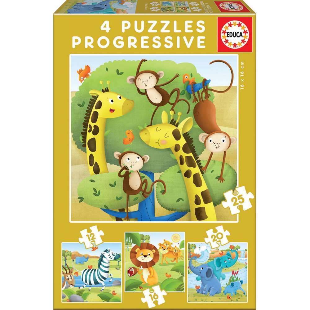 4 Puzzle Progressivos Educa Animais Selvagens 12/16/20/25 Peças