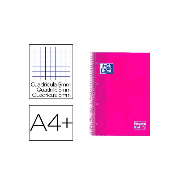 Oxford Caderno Espiral Ebook 1 Capa Extradura Din A4+ 80 F Quadricula 5 Mm Rosa Framboesa Touch 5 Unidades