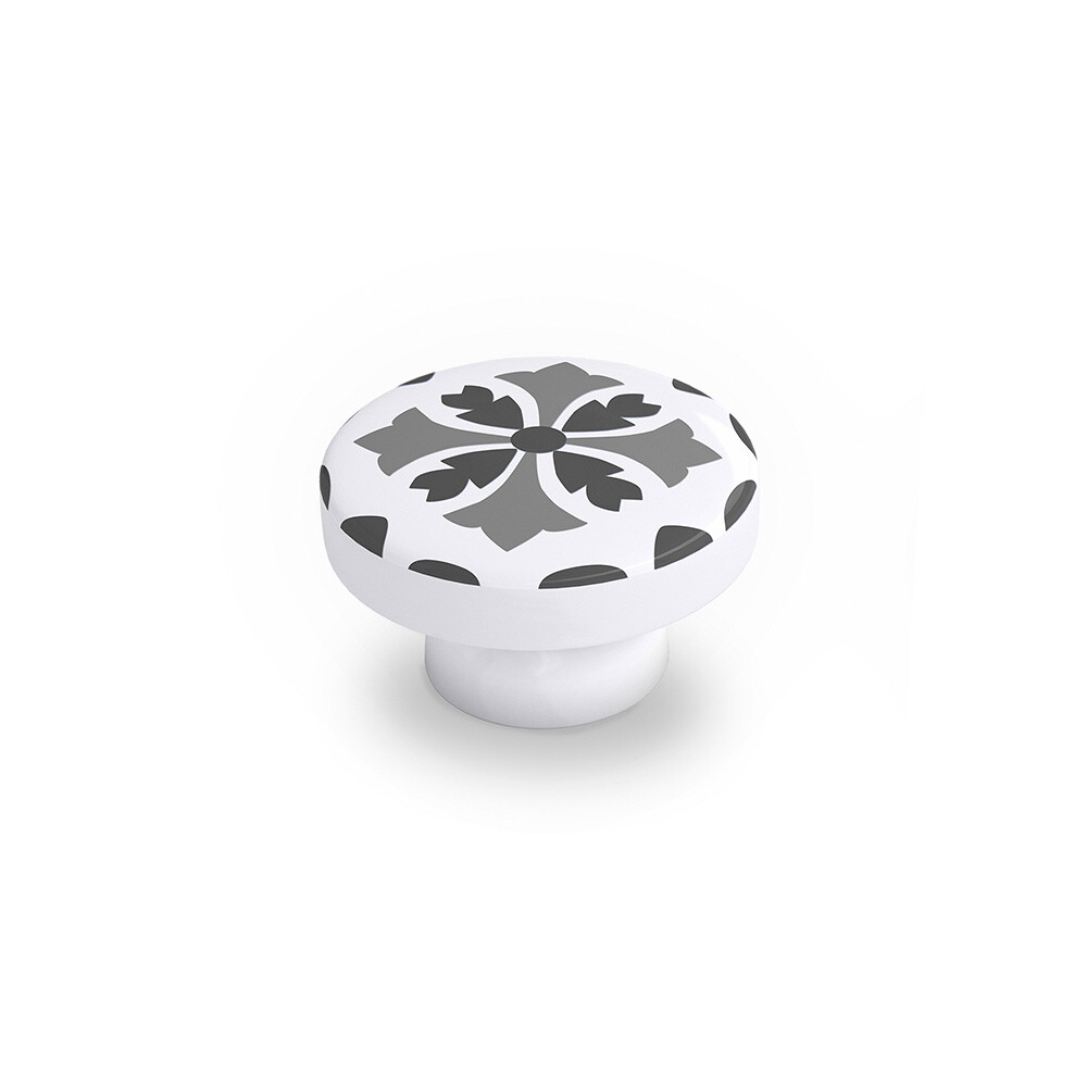 Blíster com 4 puxadores redondos para móveis, fabricados em madeira e acabamento cinzento. mod. e243 ø38mm. rei