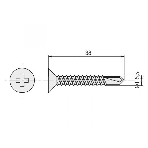 Index Index- Parafuso Broca Rosca Chapa Cabeza Plana Din 7504-P Zincado Larg.r/chapa 38mm ø Rosca Chapa 5.5mm. 500 Unidades - 914.70