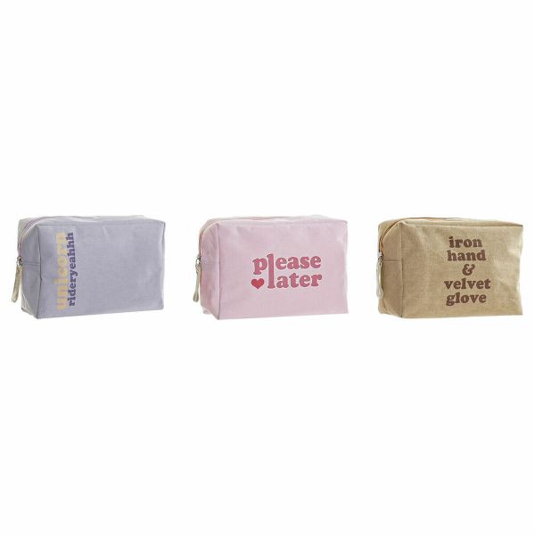 DKD Home Decor Nécessaire Tela Azul Cor de Rosa Castanho Poliéster Poliuretano Shabby Chic (3 pcs) (20 x 8 x 14 cm)