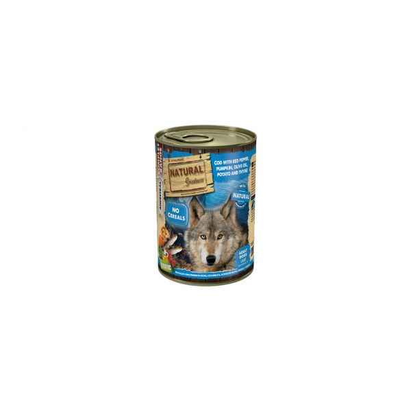 Ração Húmida Natural Greatness Light Bacalhau, Pimento Vermelho, Abóbora, Azeite, Batata & Tomilho 390g