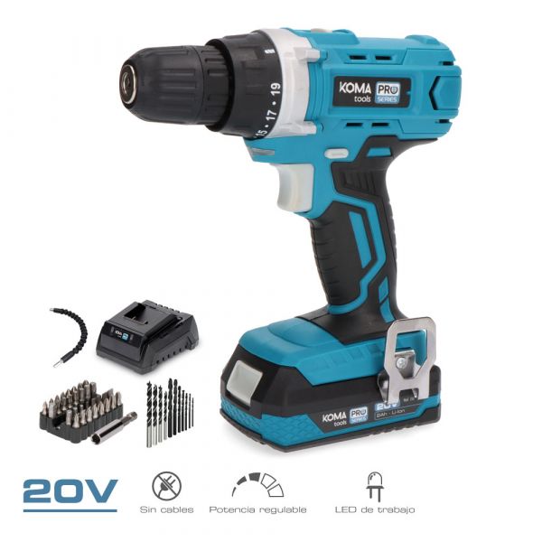 Koma Tools Kit Berbequim Aparafusador com 40 Acessórios 20v com Bateria e Carregador