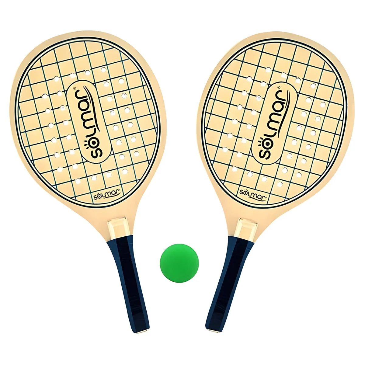 Conjunto Raquetes Praia Furos Madeira Grelha com Bola Solmar