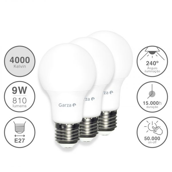 Garza Pack 3 Lâmpadas led Estándar 9W, Casquillo E27, 240º, 810 Lúmenes, Luz Neutra