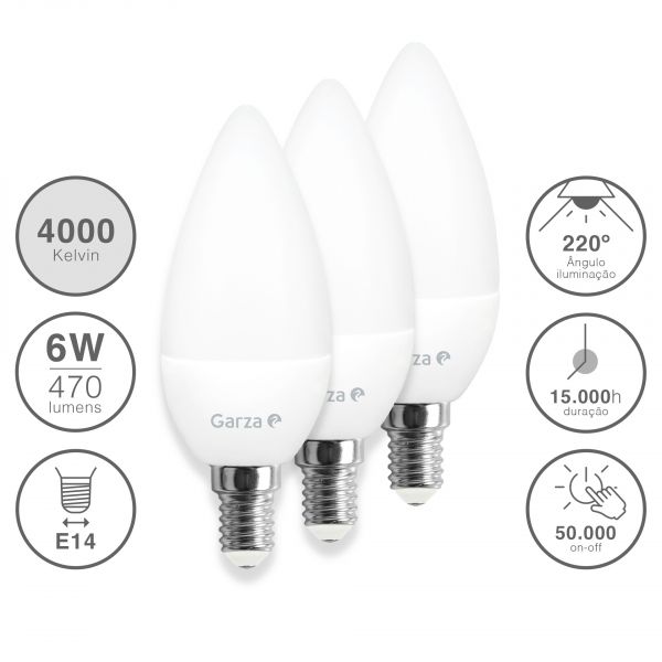 Garza Pack 2+1 Lâmpadas led Vela, 6 W, Casquillo E14, 220º, 470 Lúmenes, Luz Neutra