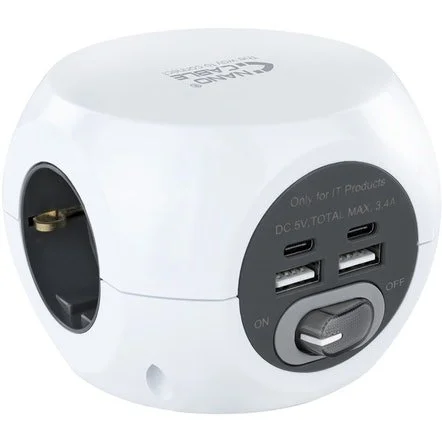 Base de 3 tomadas com 4 USB’s (2 USB A + 2 USB-C) c/ interruptor