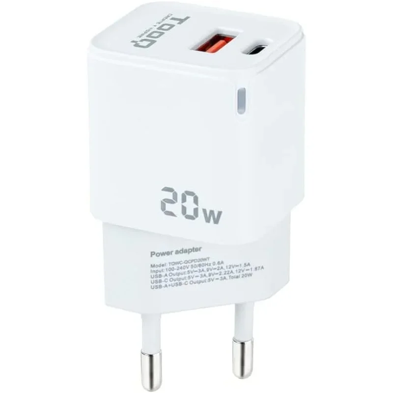 Carregador Tooq USB-C/PD 20W + USB-A/QC 20W