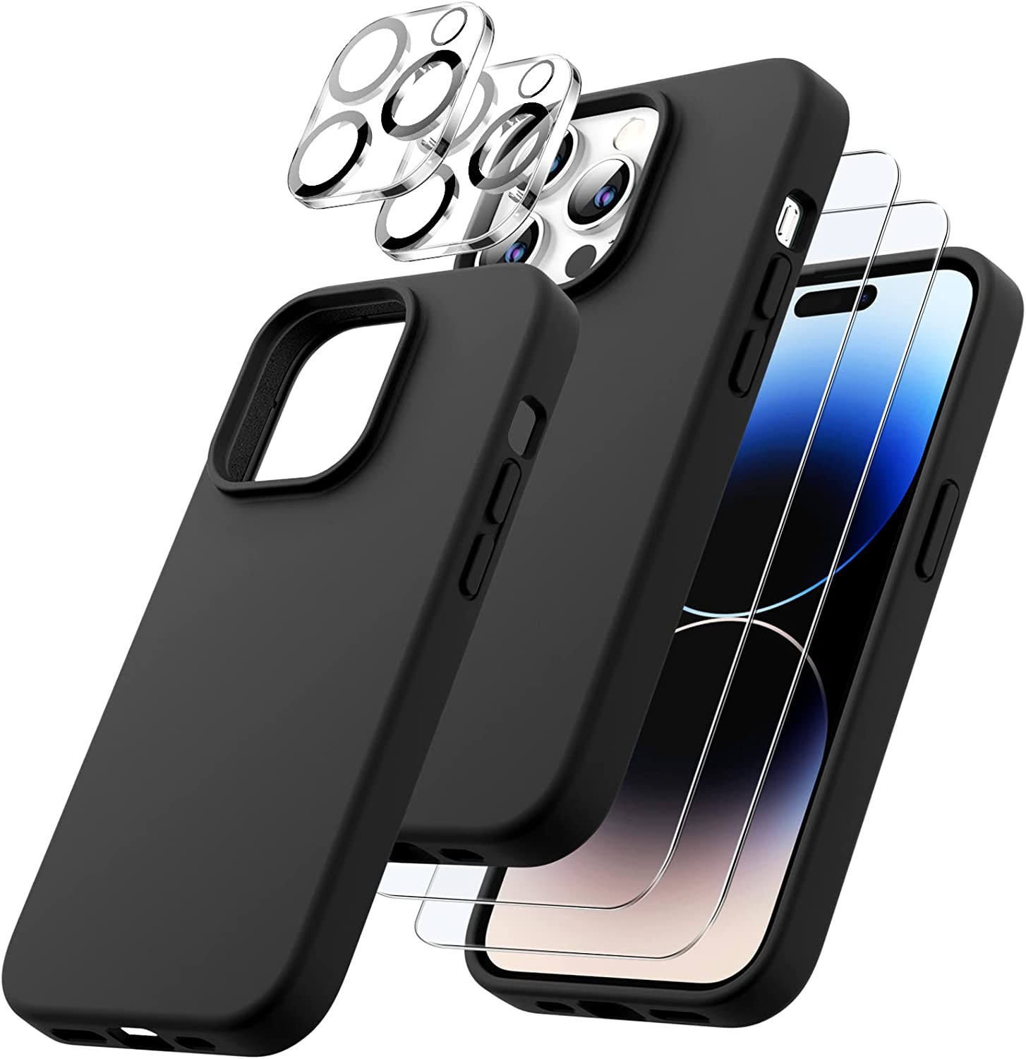 Capa Silicone Preto iPhone 14 Pro com 2 película vidro temperado 2 película camera