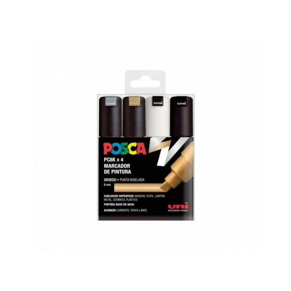 Uni Marcador Posca PC-8K/4C Ponta Biselada 8.0mm Não Permanente Cores Sortidas Estojo 4 Unidades