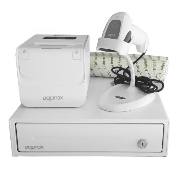 Impressora térmica Ethernet/USB Approx appPOSPACK3380WH com gaveta de dinheiro, leitor 1D e cortador automático
