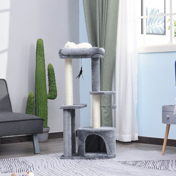 PawHut Árvore de Gato de Vários Níveis Raspador com 1 Quarto e 2 Plataformas Cinza