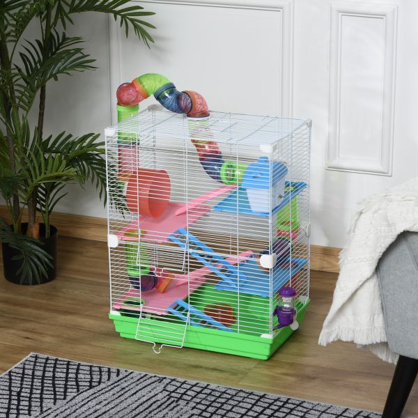 Pawhut Gaiola Hamster com 5 Plantas Escada Alimentador Bebedor Roda e Túnel 46x30x58cm Verde e Branco