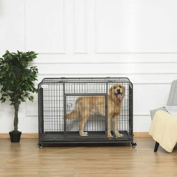 PawHut Gaiola Dobrável de Metal com Rodas e Freios Bandeja Removível e Porta com travas125x76x81 cm Cinza Escuro
