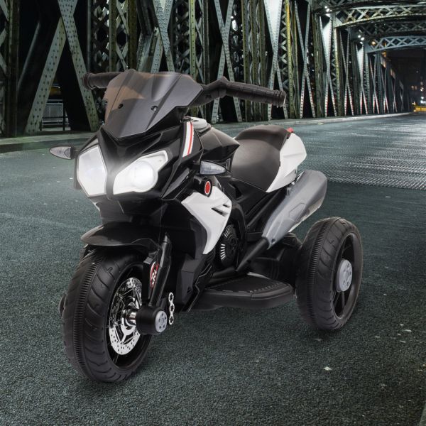 Homcom Motocicleta Elétrica 6V com 3 Rodas Buzina Música Faróis Preto e Branco