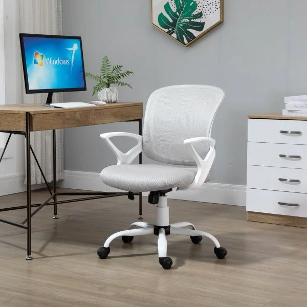 Vinsetto Cadeira de Oficina Ergonómica com Altura Ajustável Assento Giratório 360° Suporte Lombar e Malha Transpirável 61x61x89-99cm Cinza e Branco - 921-528GY