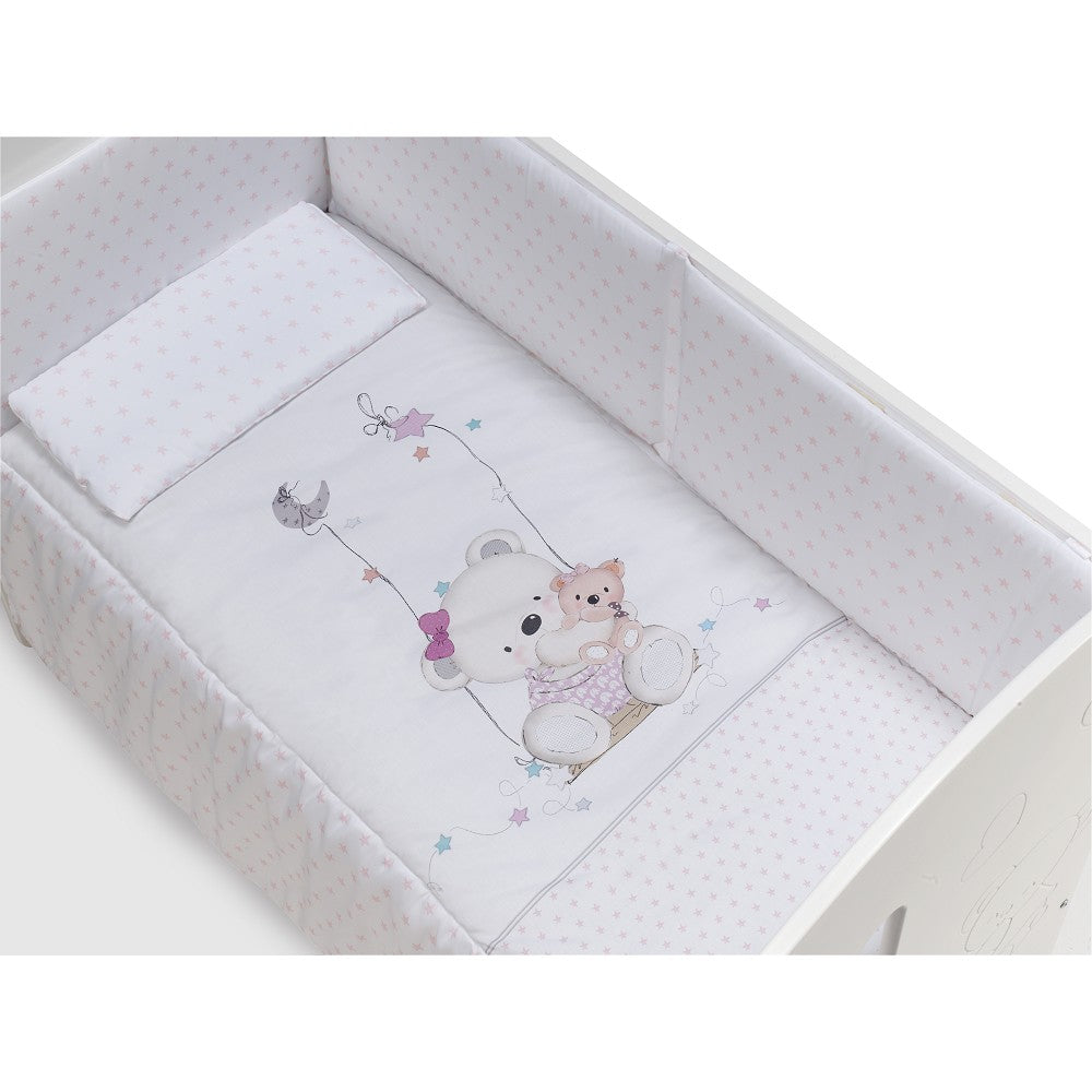 Conjunto 3 Pcs. Para Berço 60X120 (Colcha+Protetor De Cama+Almofada) Jersey Columpio Rosa Interbaby