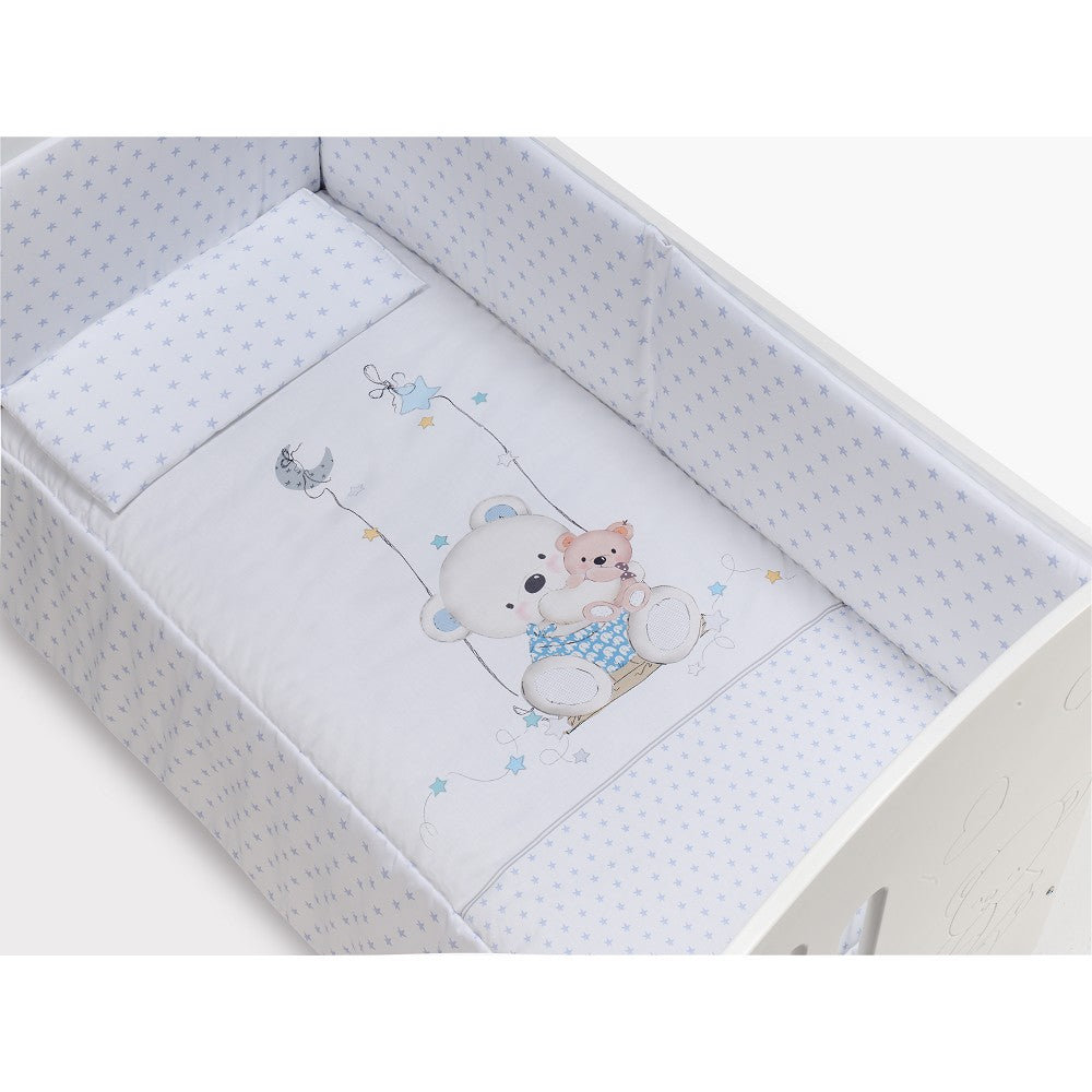 Conjunto 3 Pcs. Para Berço 60X120 (Colcha+Protetor De Cama+Almofada) Jersey Columpio Azul Interbaby