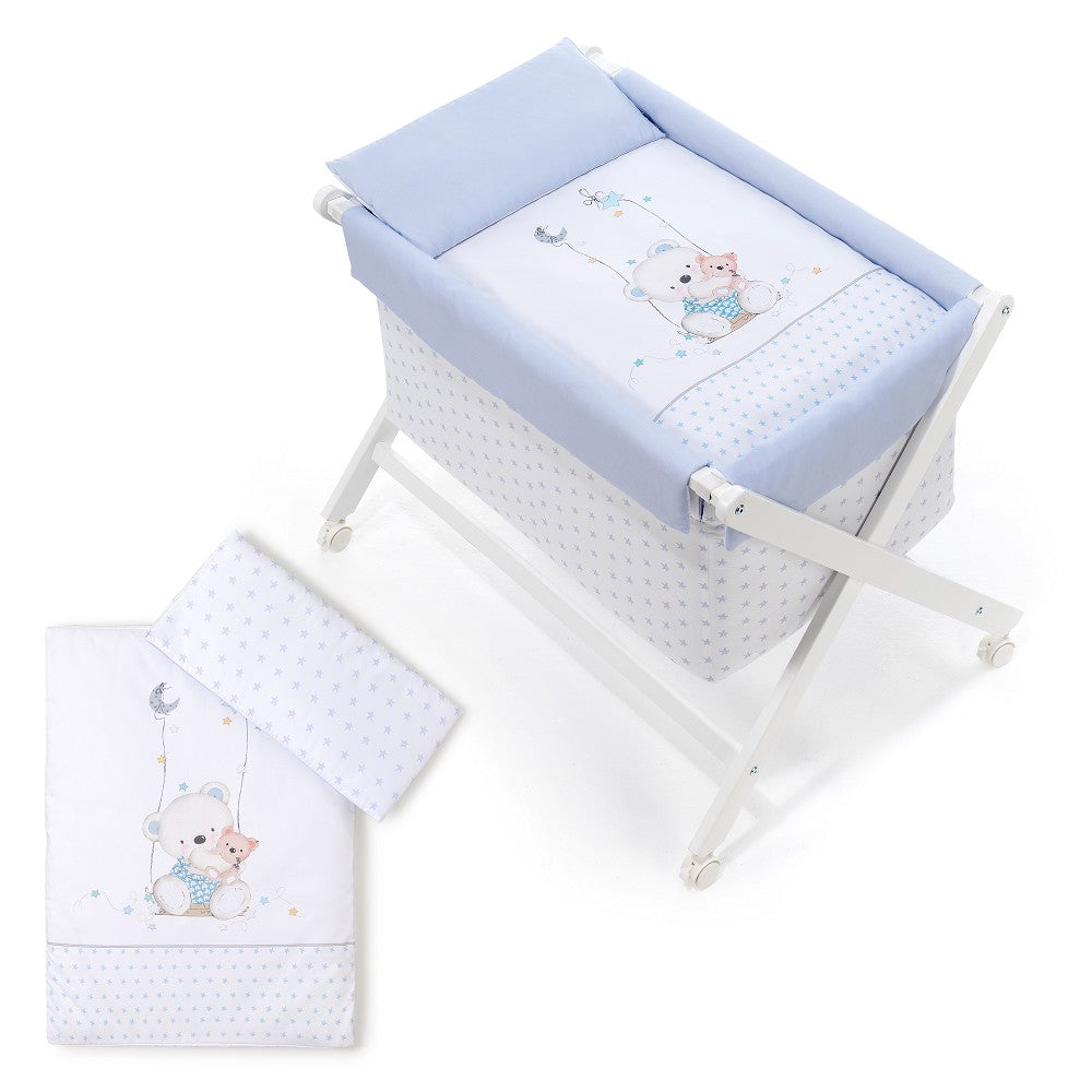 Berço Branco Faia+Lençóis+Vestimenta+Colchão Oso Columpio Azul Interbaby