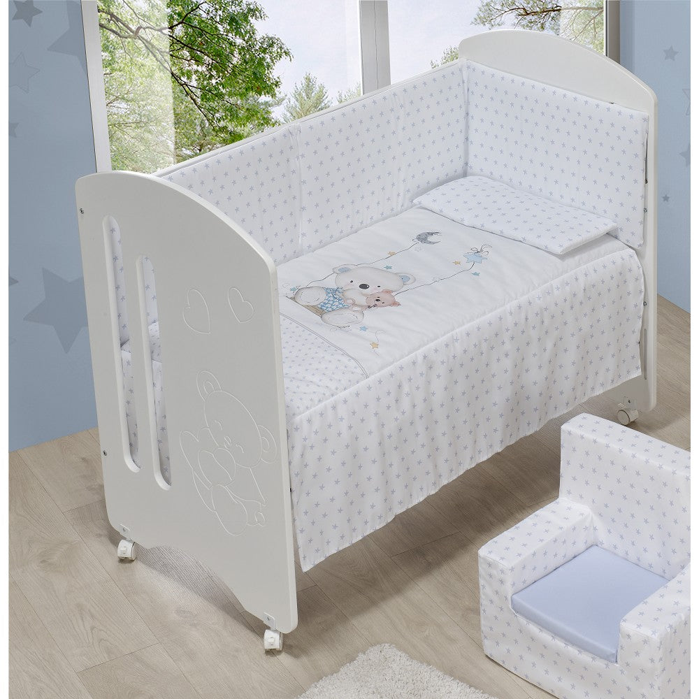Cama Lovely Premium+Conjunto Cama60X120 (Colcha+Protetor De Cama+Almofada) Algodão Oso Columpio Azul Interbaby
