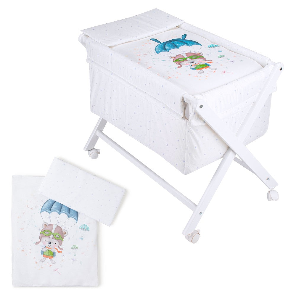 Berço Branco Faia+Lençóis+Vestimenta+Colchão Paraquedista Azul Interbaby