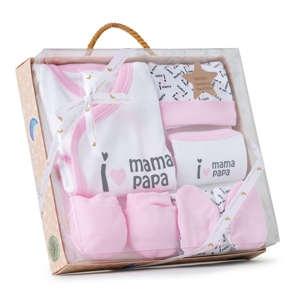 Conjunto 5 Pcs(Camisa+Calça+Luva+Babete+Meias)+Recém Nascidos(0 6 Meses) 100%Alg. Mama Papa Rosa Interbaby
