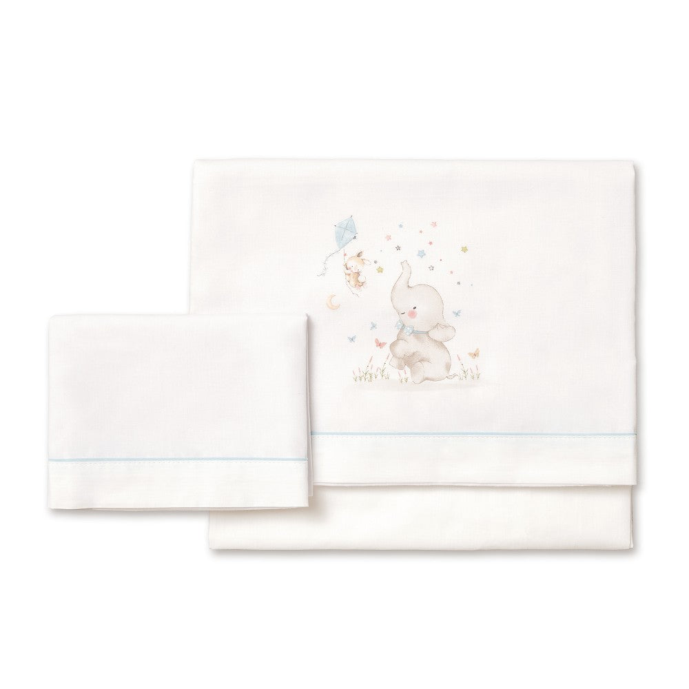Jogo 3Pcs Berço(Lençol106X82+Lençol Colchão85X55X9+Almofada50X30+Chupetera)Algodão Elefante Azul Interbaby